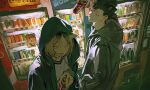  2boys black_hair can closed_eyes coca-cola drinking_straw drinking_straw_in_mouth glowing glowing_eyes haikyuu!! holding holding_can hood hood_up hoodie huangdanlan kozume_kenma kuroo_tetsurou male_focus multiple_boys open_clothes open_hoodie upper_body vending_machine yellow_eyes 