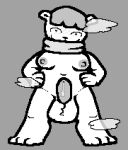  &lt;3 &lt;3_eyes aroused balls bear big_balls bodily_fluids breasts chubby_gynomorph dripping fur genital_fluids genitals grey_background greyscale gynomorph hair hands_on_hips hashi_bleu hown_brash intersex looking_at_viewer mammal monochrome musk_clouds penis precum precum_drip scarf short_hair short_stack simple_background slightly_chubby small_breasts solo thick_penis white_body white_fur 