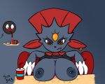  ambiguous_gender anthro areola big_breasts breasts clothed clothing duo female generation_4_pokemon nintendo nipples pokemon pokemon_(species) simple_background six343 solo_focus weavile 
