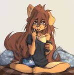  2023 4_toes absurd_res anthro apogee_(tinygaypirate) barefoot beverage_can breasts canid canine canis claws clothed clothing cookie digital_media_(artwork) domestic_dog feet female female_anthro floppy_ears food fur hair hi_res holding_object kemono long_hair looking_at_viewer mammal off_shoulder open_mouth oreo_(food) paws piercing shirt small_breasts solo spitz t-shirt tail tattoo teeth tinygaypirate toe_claws toes tongue tongue_out topwear 