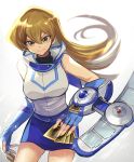  1girl blonde_hair blue_gloves blue_skirt blush breasts brown_eyes card duel_academy_uniform_(yu-gi-oh!_gx) duel_disk duel_monster elbow_gloves fingerless_gloves gloves gradient_background grey_background hair_between_eyes highres holding holding_card large_breasts long_hair looking_at_viewer miniskirt shirt sk816 skirt sleeveless sleeveless_jacket smile straight_hair tenjouin_asuka white_background yellow_eyes yu-gi-oh! yu-gi-oh!_gx 