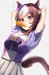  1girl animal_ears arms_behind_head arms_up bow braid breasts brown_hair carrot commentary_request ear_bow food_in_mouth french_braid hair_between_eyes highres horse_ears horse_girl horse_tail mashiro_(0428) medium_breasts multicolored_hair notice_lines pleated_skirt puffy_short_sleeves puffy_sleeves purple_bow purple_eyes purple_shirt shirt short_sleeves skirt solo special_week_(umamusume) streaked_hair tail umamusume white_hair white_skirt 