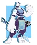  3_toes 4_fingers anthro armwear bottomwear clothing feet fingers generation_2_pokemon legendary_pokemon lugia male melee_weapon muscular neckwear nintendo pants pokemon pokemon_(species) polearm simple_background solo spear tattoorexy toes weapon white_body yellow_eyes 