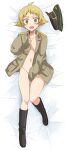  1girl blonde_hair blush boots breasts brown_eyes cleavage embarrassed erwin_(girls_und_panzer) full_body girls_und_panzer hat jacket looking_at_viewer lying military military_hat military_uniform navel no_bra no_panties on_back open_mouth shinaso_(sachi-machi) short_hair small_breasts solo uniform 