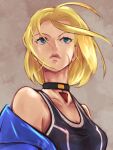  1girl ahoge blonde_hair blue_eyes blue_jacket breasts cammy_white choker close-up commentary_request highres huge_ahoge jacket off_shoulder pendant_choker scar scar_on_cheek scar_on_face short_hair simple_background solo sports_bra street_fighter street_fighter_6 wind yuenibushi 