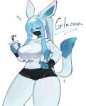  anthro blue_body blue_eyes blue_hair blush breasts clothed clothing eeveelution female generation_4_pokemon glaceon hair hi_res nintendo pokemon pokemon_(species) simple_background solo tail togetoge 