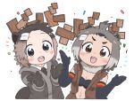 2girls :d american_beaver_(kemono_friends) animal_ear_fluff animal_ears antenna_hair appleq beaver_ears black_gloves black_jacket black_necktie blush_stickers breasts brown_eyes brown_jacket cleavage collared_shirt commentary_request confetti elbow_gloves eurasian_beaver_(kemono_friends) forehead gloves grey_hair hair_ornament hairclip highres jacket kemono_friends looking_at_viewer multiple_girls necktie shirt short_eyebrows short_hair shrugging simple_background sleeveless sleeveless_jacket small_breasts smile thick_eyebrows translation_request v-shaped_eyebrows white_background white_shirt 