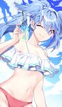  1girl bikini blue_eyes blue_hair blue_wings breasts cleavage commentary drink elira_pendora frilled_bikini_top head_wings highres holding holding_drink long_hair nellung_fpfm nijisanji nijisanji_en one_eye_closed ponytail sky smile solo swept_bangs swimsuit symbol-only_commentary virtual_youtuber wings 