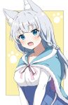  1girl :o animal_ear_fluff animal_ears aqua_cape blue_cape blue_eyes blush braid breasts cape dress eyelashes fang fur-trimmed_cape fur_trim grey_hair highres jmsleo kemonomichi long_hair long_sleeves medium_breasts multicolored_clothes multicolored_dress multiple_braids open_mouth paw_print paw_print_background pink_ribbon ribbon shigure_(kemonomichi) simple_background solo tongue upper_body white_sleeves wolf_ears yellow_background 
