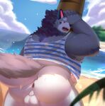  2023 aipangpangdeyua anthro anus backsack balls beach butt canid canine canis clothing detailed_background domestic_dog genitals grey_body hi_res kemono male mammal outside overweight overweight_male palm_tree plant seaside shirt solo tamacolle topwear tree water yamato_(tamacolle) 