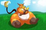  2016 anthro belly big_belly big_breasts breasts cloud cocoa_(cheesecaker) cuddling duo electricity embrace female field fur generation_1_pokemon grass hair hug larger_female male male/female mammal nintendo nude obese obese_anthro obese_female orange_body orange_fur overweight overweight_anthro overweight_female overweight_male paws pikachu plant pokemon pokemon_(species) raichu robthehoopedchipmunk rodent simple_background size_difference sky smaller_male smile sparks_(cheesecaker) tail thick_thighs wide_hips yellow_body yellow_fur 