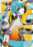  1girl aqua_eyes aqua_hair black_skirt copyright_name english_text hair_between_eyes hatsune_miku headphones heartbeat_(module) highres long_hair looking_at_viewer machigami_yoh odds_&amp;_ends_(vocaloid) open_mouth skirt smile solo television twintails very_long_hair vocaloid yellow_background 