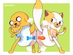  adventure_time anthro avealrykun blush butt_bump cake_the_cat canid canine canis cartoon_network clean_diaper clothed clothing diaper diaper_fetish diaper_only digital_media_(artwork) domestic_cat domestic_dog duo felid feline felis female fur jake_the_dog male male/female mammal simple_background smile tail topless wearing_diaper white_body white_fur 