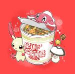  :o bright_pupils commentary_request cup_noodle cup_ramen fish food foongus highres nm_354banette no_humans noodles open_mouth outline plusle pokemon pokemon_(creature) red_background sparkle standing tatsugiri twitter_username watermark white_pupils 