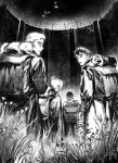  1girl 3boys annie_leonhardt backpack bag bertolt_hoover camping facing_away fence flower foreshortening from_below grass greyscale highres looking_at_viewer looking_back male_focus marcel_galliard mcmeao monochrome multiple_boys parody_request red_flower reiner_braun scared shingeki_no_kyojin short_hair stone_wall walking wall 