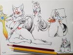  absurd_res amaterasu_(okami) anthro areola big_breasts black_areola breast_squish breasts canid canine canis capcom colored_sketch facial_markings female fire fur head_markings hi_res high-angle_view ink mammal markings melee_weapon okami_(capcom) rear_view sekairu sketch solo squish stretching sword weapon white_body white_fur wide_hips wolf 
