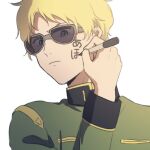  1boy blonde_hair blue_eyes char_aznable closed_mouth drawing_on_own_face gundam holding holding_marker kimi_no_na_wa. long_sleeves male_focus marker military_uniform mobile_suit_gundam mobile_suit_gundam_the_origin parody scene_reference short_hair simple_background solo sunglasses tira_zhang uniform upper_body white_background 