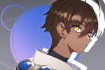  1boy absurdres blue_eyeliner brown_hair dabin dark-skinned_male dark_skin drop_shadow earrings eyelashes fate/grand_order fate_(series) grey_background hair_between_eyes highres jewelry male_focus ozymandias_(fate) short_hair slit_pupils solo upper_body yellow_eyes 