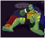  anthro blue_eyes bulge eye_mask green_body hi_res looking_away male pillow pond_slider prosthetic prosthetic_arm prosthetic_limb red-eared_terrapin reptile scalie shortfuze sitting solo solo_focus stripes terrapin tired_look turtle yellow_stripes 