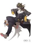  4_toes anthro arknights black_body carp clothing cyprinid cypriniform dragon feet fish gloves handwear hi_res hypergryph lee_(arknights) looking_at_viewer male marine pawpads simple_background sitting smoking solo sssshark_(artist) studio_montagne toes white_body yellow_eyes 