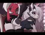  2d_(artwork) 2d_animation all_fours animated anthro breasts butt butt_grab canid canid_demon clothed clothing demon duo ear_piercing ears_up female genitals hair hand_on_butt hellhound helluva_boss hot_dogging humanoid imp kyde legwear long_hair loona_(helluva_boss) male male/female mammal moxxie_(helluva_boss) penis piercing red_sclera sex short_playtime standing standing_sex tail unimpressed white_hair yellow_sclera 