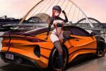  1girl absurdres alternate_costume azur_lane bridge building car character_name cityscape copyright_name england gateshead_millenium_bridge glasshouse_international_centre_for_music hat highres kcar66t license_plate long_sleeves looking_at_viewer lotus_(brand) lotus_emira monarch_(azur_lane) motor_vehicle newcastle_(city) product_placement race_queen real_world_location red_hair river shrug_(clothing) sports_car thighhighs united_kingdom vehicle_focus 