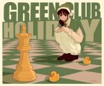  1girl black_eyes black_footwear black_hair blending checkered_floor chess_piece collared_shirt english_text expressionless green_headwear green_sweater_vest hair_over_shoulder hat highres king_(chess) long_hair long_sleeves looking_at_viewer necktie original pants ponytail red_necktie rubber_duck santa_hat shadow shirt shoes solo sweater_vest syooooyoooo white_pants white_shirt 