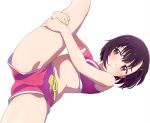  1girl asymmetrical_bangs bare_arms closed_mouth hair_ornament hairclip highres holding_own_leg komatsu_(sakanae) mikazuki_shizuka navel pink_eyes pink_shorts pink_sports_bra purple_hair short_hair short_shorts shorts solo sports_bra sportswear stretching white_background zom_100:_zombie_ni_naru_made_ni_shitai_100_no_koto 