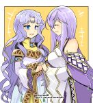  2girls bare_shoulders blue_eyes circlet closed_eyes dress fire_emblem fire_emblem:_genealogy_of_the_holy_war fire_emblem:_thracia_776 holding_hands julia_(fire_emblem) long_hair looking_at_another looking_to_the_side multiple_girls open_mouth purple_hair sara_(fire_emblem) simple_background yukia_(firstaid0) 