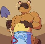  2023 animal_crossing anthro apron apron_only belly biceps brown_body brown_fur canid canine clothed clothing cosmicboy02 digital_media_(artwork) eyes_closed facial_markings fur gesture head_markings hi_res holding_object male mammal markings mask_(marking) musclegut muscular muscular_anthro muscular_male nintendo pecs pointing raccoon_dog shovel signature simple_background solo tail tanuki tom_nook_(animal_crossing) tools topless topless_anthro topless_male 