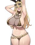  1girl absurdres areola_slip armpits arms_behind_head arms_up bikini blonde_hair breasts chain choker commentary commission cowboy_shot donburi_(donburikazoku) english_commentary goddess_of_victory:_nikke gold_chain green_eyes hair_between_eyes hair_intakes high_ponytail highres huge_breasts long_hair looking_at_viewer navel o-ring open_mouth print_bikini rupee_(nikke) see-through simple_background solo sunglasses swimsuit teeth thighs upper_teeth_only white_background yellow-framed_eyewear yellow_bikini yellow_choker 