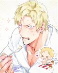  1boy artist_name billy_kane blonde_hair blue_eyes blush dated earrings eating embarrassed english_text food holding holding_spoon jewelry looking_at_viewer male_focus mmts_g open_mouth pudding solo spoon teeth the_king_of_fighters the_king_of_fighters_for_girls 