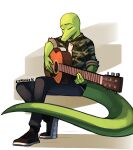  2023 5_fingers acoustic_guitar alternate_species anon_(snoot_game) anthro black_bottomwear black_clothing black_jeans black_pants bottomwear camo camo_clothing camo_print camo_shirt camo_topwear clothed clothing colored denim denim_bottomwear denim_clothing dinosaur dromaeosaurid exagono16 eyes_closed fingers footwear frown furrification green_body green_scales guitar hi_res holding_guitar jeans long_tail male musical_instrument pants pattern_clothing pattern_shirt pattern_topwear plantigrade plucked_string_instrument reptile scales scalie shirt shoes simple_background sitting sneakers snoot_game snout solo string_instrument tail theropod topwear white_clothing white_shirt white_topwear 