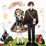  2boys 2girls :o ahoge animal_bag bag bandaid bandaid_on_cheek bandaid_on_face basket big_bad_wolf black_bow black_bowtie black_dress black_eyes black_footwear black_headwear black_jacket black_pants black_ribbon black_shirt black_socks blonde_hair blue_eyes blush_stickers bonnet bouquet bow bow_legwear bowtie bread brown_hair buttons candy cloak closed_mouth collared_shirt commentary commission copyright_name crescent_moon cross-laced_clothes cross-laced_dress curly_hair denim dress english_commentary envelope fashion floral_print flower food footwear_bow frilled_hat frilled_shirt_collar frilled_socks frills frown furry furry_male green_eyes grid_background hair_bow hand_in_pocket hat height_difference highres holding holding_basket holding_bouquet holding_hands hood hood_up hooded_cloak jacket jeans kneehighs lace-trimmed_bow lace-trimmed_headwear lace_trim little_red_riding_hood little_red_riding_hood_(grimm) lolita_fashion long_dress long_sleeves looking_at_viewer low_twintails mary_janes medium_hair moon multiple_boys multiple_girls neck_ribbon original pants parted_lips pink_flower putong_xiao_gou rabbit_bag rainbow red_cloak red_footwear red_lips red_ribbon ribbon ribbon-trimmed_socks rose_print shirt shoes short_hair short_twintails shoulder_bag simple_background socks star_(symbol) straight-on top_hat traditional_bowtie tuxedo twintails very_short_hair white_background white_bag white_dress white_flower white_shirt white_socks wolf_print 