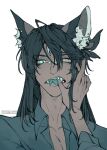  1boy animal_ear_fluff animal_ears artist_name black_hair blue_eyes blue_tongue bridge_piercing collared_shirt colored_tongue dark-skinned_male dark_skin ear_piercing extra_eyes fangs finger_in_own_mouth forked_tongue grey_eyes hair_between_eyes heterochromia highres long_hair long_sleeves looking_at_viewer male_focus nose_piercing open_mouth original partially_blind piercing portrait shirt shuini_xiaomao simple_background slit_pupils solo tongue tongue_out white_background 