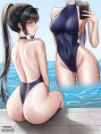  1girl artist_name ass back backless_swimsuit bare_arms bare_shoulders black_hair black_nails blue_eyes blush breasts cellphone commentary_request competition_swimsuit covered_navel english_commentary fingernails from_behind groin halterneck high_ponytail highleg highleg_swimsuit highres holding holding_phone large_breasts medium_breasts mixed-language_commentary mole mole_under_eye multiple_views nabi_(wonnikon) nail_polish one-piece_swimsuit original parted_lips patreon_username phone ponytail poolside profile shadow sitting smartphone smile swimsuit taut_clothes taut_swimsuit tile_floor tiles wading water wet wonnikon 