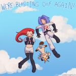  1boy 1girl boots closed_eyes cloud commentary crop_top day english_commentary english_text gloves highres james_(pokemon) jessie_(pokemon) long_hair meowth midriff navel open_mouth pokemon pokemon_(anime) pokemon_(creature) purple_hair red_hair short_hair sky websmunks 