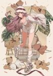  1girl absurdres armchair blunt_bangs breasts brown_background cardigan chair confetti dropping floating_clothes full_body haruno_taku hat highres leaf leaning_forward long_hair long_sleeves looking_at_viewer loose_socks midriff original outside_border pigeon-toed pillow plaid plaid_shirt red_eyes red_hair red_ribbon ribbon rounded_corners shirt shorts sidelocks socks solo standing standing_on_one_leg stuffed_animal stuffed_toy teddy_bear vase very_long_hair white_cardigan white_headwear white_shorts white_socks 