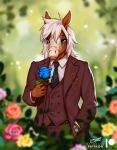  anthro clothing dragonfu equid equine eyewear flower glasses hair horse male mammal necktie plant portrait solo standing suit unknown_character white_hair 