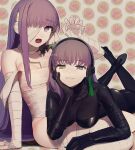  2girls bandage_over_one_eye bandaged_arm bandaged_head bandaged_leg bandages black_bodysuit black_gloves bodysuit breasts closed_mouth dual_persona elbow_gloves fate/extra fate/extra_ccc fate/extra_ccc_fox_tail fate/grand_order fate_(series) giant giantess gimp_suit gloves green_ribbon hair_ribbon heterochromia high_heels highres kaita_(mokamilkcup) kingprotea_(fate) latex latex_bodysuit long_hair looking_at_viewer lying medium_breasts moss multiple_girls naked_bandage o-ring on_stomach open_mouth purple_eyes purple_hair ribbon sitting small_breasts thighs very_long_hair xochitonal_(fate) yellow_eyes 