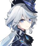  1girl ascot az192837465 black_ascot blue_eyes blue_hair blue_headwear blue_shirt closed_mouth colored_inner_hair eyelashes furina_(genshin_impact) genshin_impact grey_background grey_hair heterochromia highres long_hair long_sleeves looking_at_viewer multicolored_hair shirt smile solo teardrop 