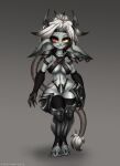  2023 armor big_ears breasts claws cleavage clothed clothing ear_piercing female gloves goblin grey_body hair handwear hi_res humanoid humanoid_pointy_ears kat_(gamesalamander) leggings legwear mismatched_eyes not_furry piercing ponytail red_eyes scar sharp_teeth short_stack smile solo teeth thick_thighs twistingtoxic unconvincing_armor undead white_hair wide_hips 