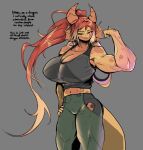  anthro awr_hey big_breasts breasts clothed clothing digital_drawing_(artwork) digital_media_(artwork) dragon ear_piercing english_text female flesh_tunnel gauged_ear hair hi_res horn huge_breasts looking_at_viewer mammal piercing red_hair scalie simple_background smile solo tail text topwear zoe_(awr_hey) 