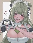  1girl antenna_hair apron arm_cuffs ascot black_gloves black_ribbon blush breasts button_gap chest_strap cleavage collarbone detached_collar double_bun elisuki_ren frills gloves goddess_of_victory:_nikke green_ascot green_hair hair_bun hair_ornament hair_ribbon hairclip heart heart_hands highres huge_breasts large_breasts long_hair maid maid_apron maid_headdress pink_eyes ribbon sleeveless smile soda_(nikke) solo two-tone_gloves upper_body white_gloves 
