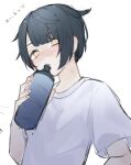  1boy alternate_costume asymmetrical_bangs black_hair blush bottle drinking genshin_impact highres hnnoo holding holding_bottle male_focus shirt short_hair short_sleeves simple_background sketch solo t-shirt translation_request upper_body water_bottle white_background white_shirt xingqiu_(genshin_impact) yellow_eyes 