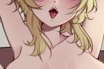  ahegao armpits blonde_hair blush breasts chiisaisan genshin_impact lumine_(genshin_impact) messy_hair neck open_mouth simple_background tongue tongue_out unfinished 