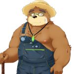  anthro bear brown_body brown_fur clothing eyewear fur glasses hat headgear headwear hi_res jewelry lifewonders male mammal necklace nipples overalls overweight ruoain shirtless solo straw_hat tokyo_afterschool_summoners volos 