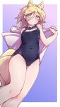  1girl :/ absurdres animal_ears blonde_hair breasts bright_pupils covered_navel feet_out_of_frame fox_ears fox_tail from_below gradient_background guming_diban hair_between_eyes highres knees_together_feet_apart kudamaki_tsukasa looking_at_viewer one-piece_swimsuit simple_background small_breasts solo swimsuit tail touhou white_pupils 