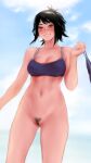  1girl black_hair blue_sky blush bottomless bra breasts chainsaw_man cleavage female_pubic_hair grin highres holding holding_clothes holding_panties holding_underwear messy_hair navel panties ponytail pubic_hair scar scar_on_face scar_on_nose shpo sky smile solo standing tendou_michiko underwear 
