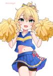  1girl bike_shorts bike_shorts_under_skirt blonde_hair blue_shirt blue_skirt blush cheerleader collarbone cropped_shirt green_eyes highres holding holding_pom_poms idolmaster idolmaster_cinderella_girls idolmaster_cinderella_girls_u149 looking_at_viewer midriff navel pom_pom_(cheerleading) ponytail roccamoya sakurai_momoka shirt simple_background skirt sleeveless sleeveless_shirt smile solo twitter_username white_background 